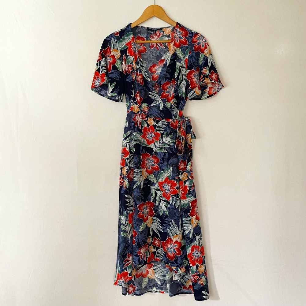 One ♥️Clothing Size M Bold Floral Midi Wrap Dress Short Sleeve Long Wide Sash